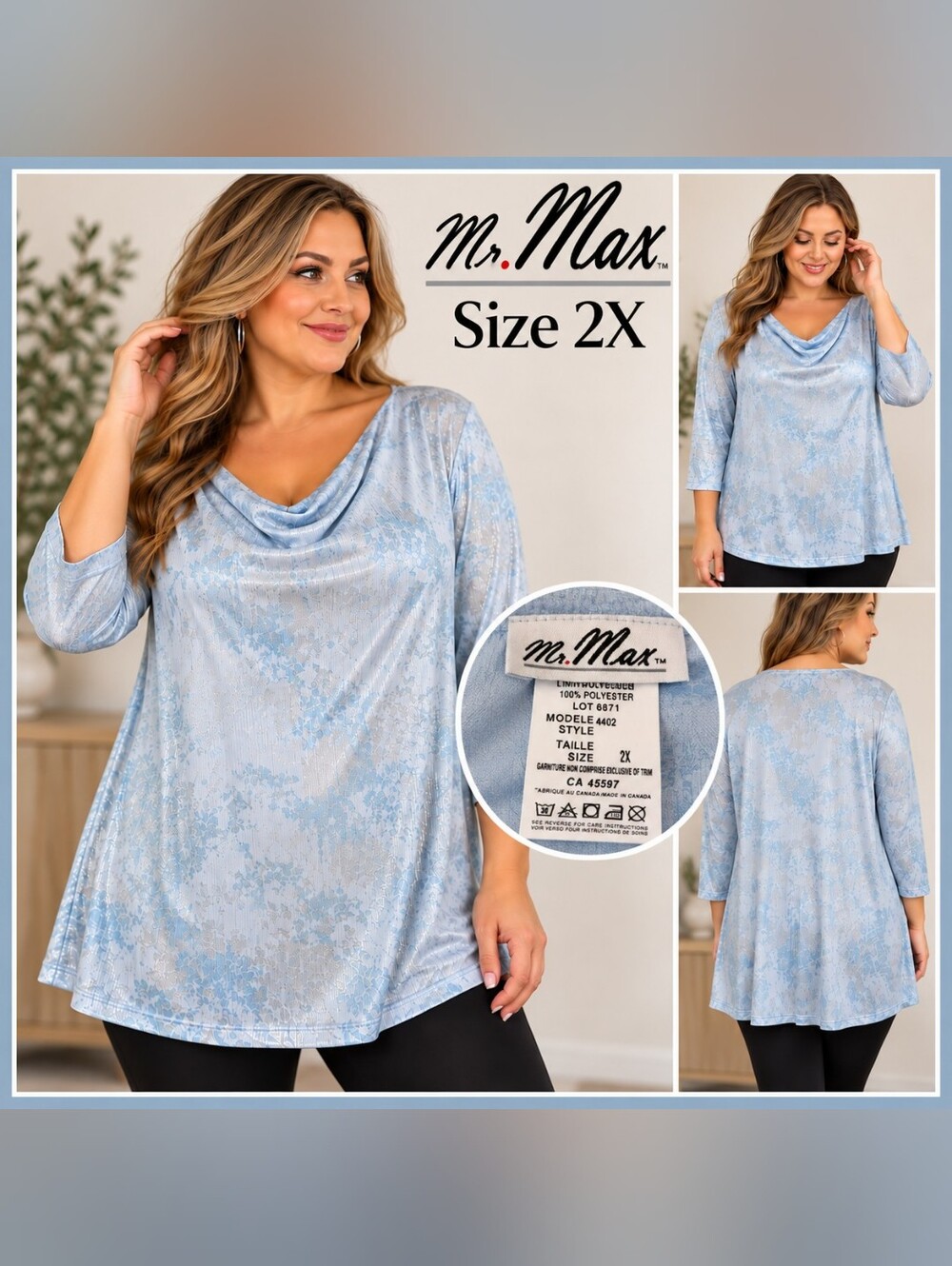 Mr. Max Size 2X Shimmer Blue Silver Cowl Neck Tunic Top 3/4 Sleeve